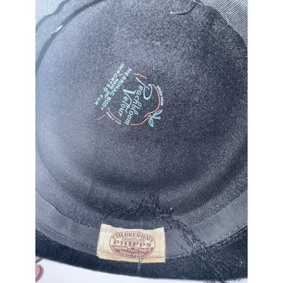 Vintage Black Velour Feather Hat Veil Netting Phipps Peachbloom Retro 1950 1960 - Picture 7 of 8